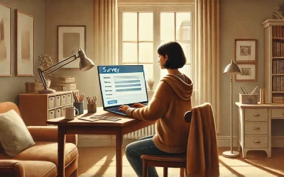 A painting of a person creating a survey on her computer.