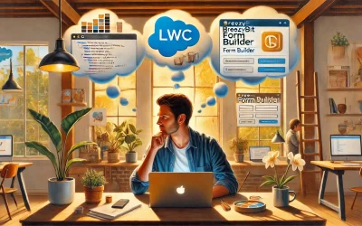 A painting of a person sitting at a desk, deep in thought, contemplating different Salesforce survey solution options such as LWC (Lightning Web Components) and BreezyBit Form Builder.