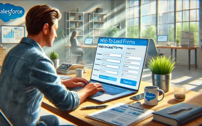 A painting of a person working on Salesforce Web-to-Lead Forms in a modern office setting.