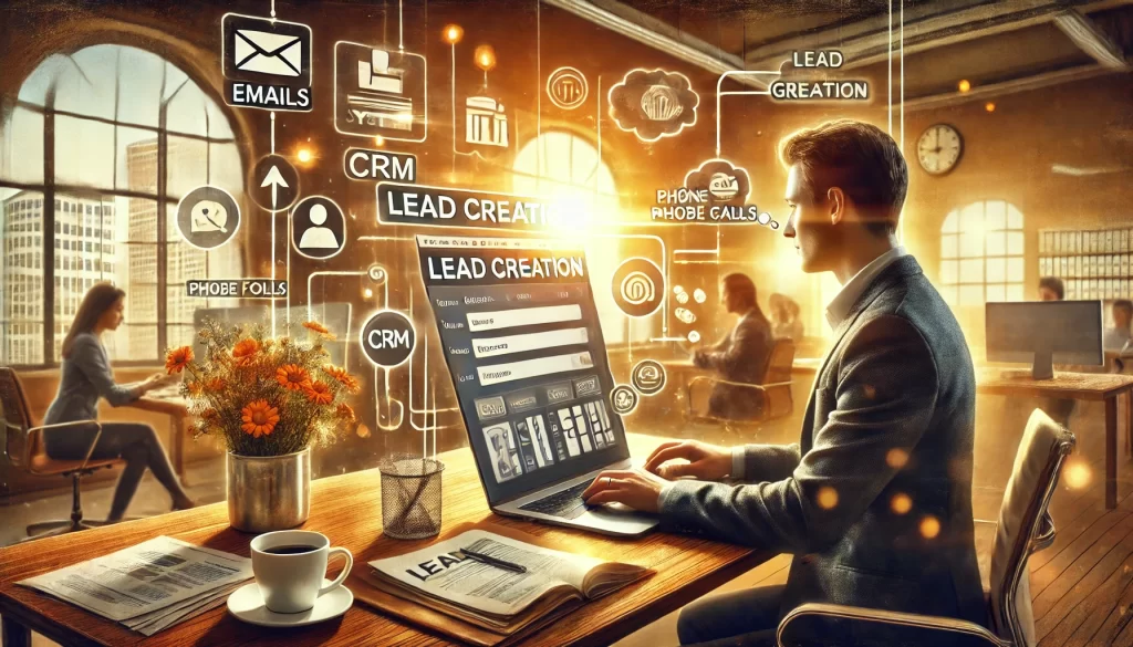 A painting depicting the process of lead creation with Salesforce Web-to-Lead Forms in a business setting.