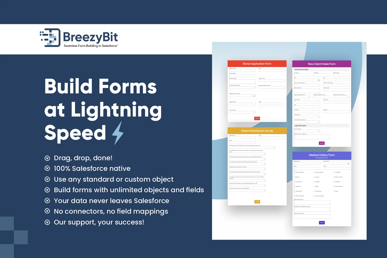 BreezyBit Salesforce Form Builder promotional graphic highlighting form-building features including drag-and-drop, Salesforce-native integration, and unlimited objects and fields.