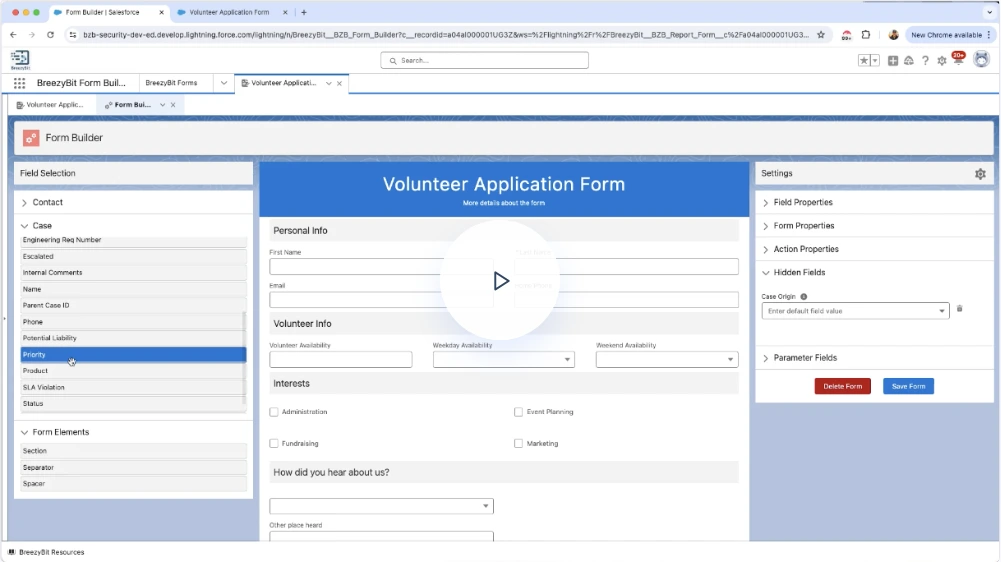 Demo video of BreezyBit Salesforce Form Builder showcasing drag-and-drop field selection for a Volunteer Application Form.